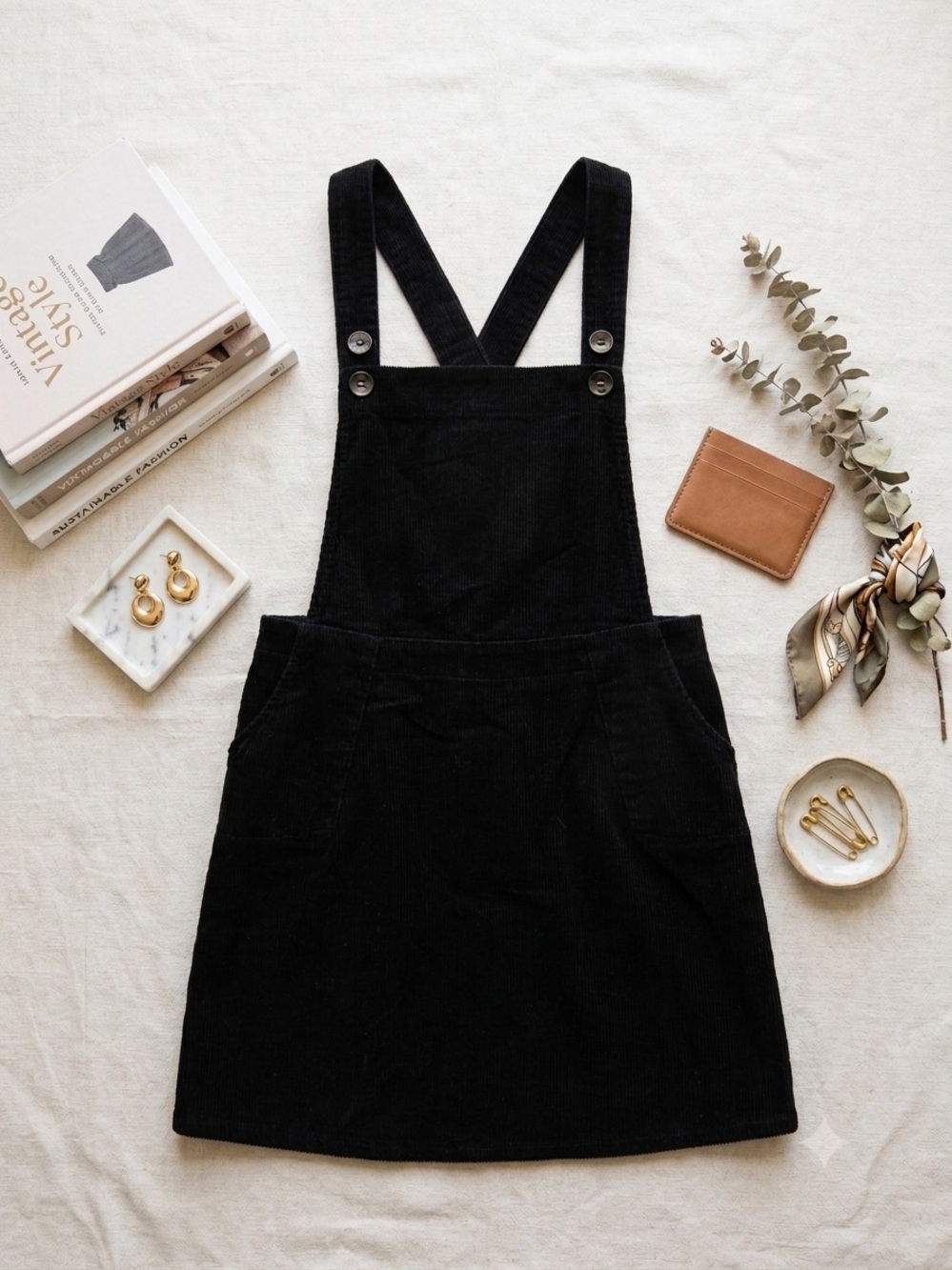 Copper Key Black Corduroy Pinafore Dress with Cross Back Straps